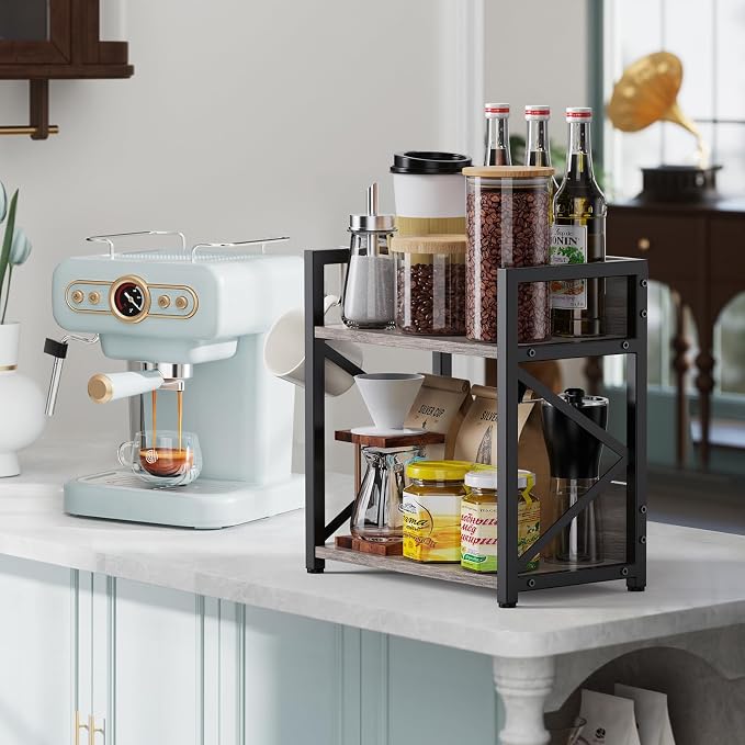Kitchen Countertop Organizer, Coffee Bar Station Organizer for Countertop, 2 Tiers Kitchen Counter Shelf, Wooden Spice Rack Organizer, Space Saving Desk Shelving Riser Unit - Image 2