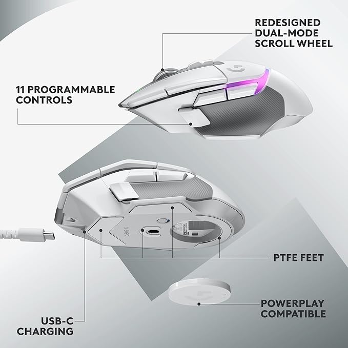 Logitech G502 X Plus Wireless RGB Gaming Mouse - White | Optical Switches, LIGHTSYNC RGB, 13 Buttons, Infinite Scroll, <130 Hr Battery, USB-C, POWERPLAY Charging, PC/Mac Compatible - Image 7