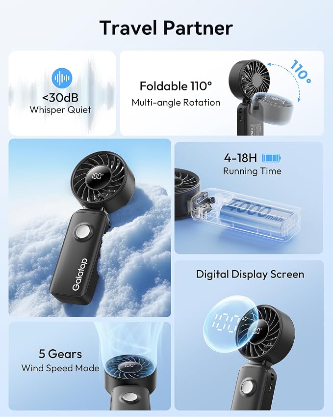 Gaiatop Portable Handheld Fan, 5 Speed Rechargeable Battery Max 18 Working Hours, 3 IN 1 Neck/Desk/Hand Fan Cooling for Travel, Beach, Women/Men Outdoor Activities Gifts - Black - Image 2