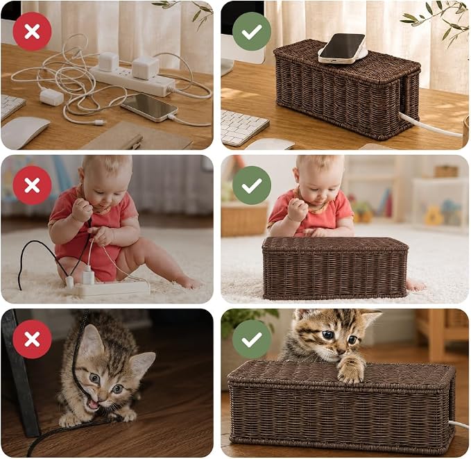 Cable Management Box, Handmade Rattan Cable Organizer with 2 Open Slots, Cord Hider for Power Strip, Router & USB Hub, Registered U.S. Design Patent (D1,112,102), 13" x 5.1" x 5.1", Brown - Image 8