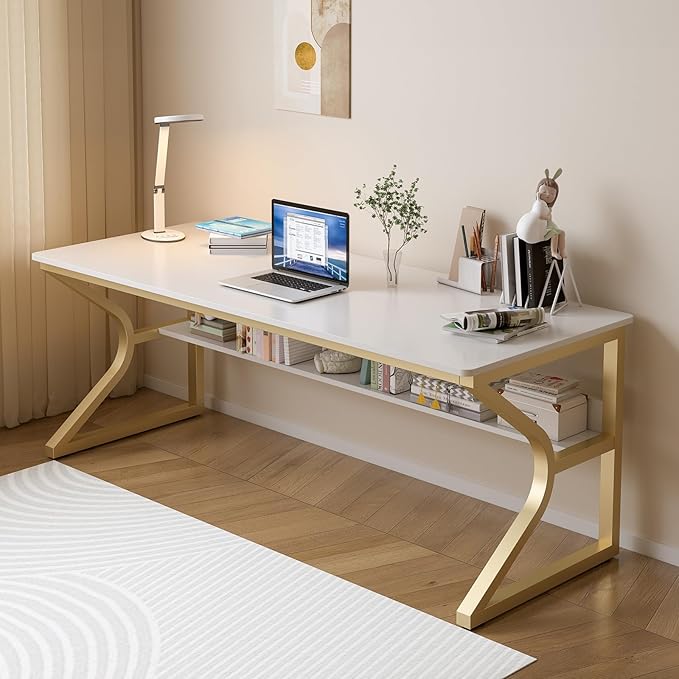 OSCHF 63-Inch Extra Long Desk with Storage Shelf, Gold | Double Long Writing Table, Space-saving, 2-Person Workstation, Modern Study Work Computer Desk, For Home Office by OSCHF