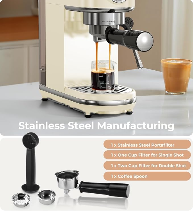atatix 20 Bar Espresso Machine with Milk Frother, Compact Espresso Maker | Stainless Steel Coffee Machine with Precise Temp Control & 44oz Removable Water Tank for Latte, Cappuccino, Creamy White - Image 7