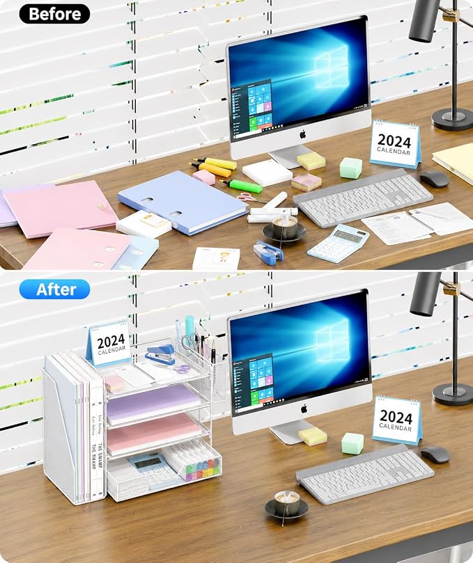 OPNICE Desk Organizers and Accessories, 4-Tier Desktop File Organizer with Drawer and Pen Holders, Office Desk Accessories Workspace Organizers for Office Supplies (White) - Image 3
