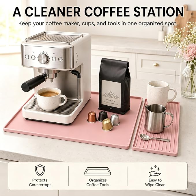 Silicone Coffee Mat 24 x 16 in with Tray, Soft Light Pink | Coffee bar mat for countertop use, coffee station mat or coffee machine mat with removable tray and 0.47 in raised rim. - Image 2