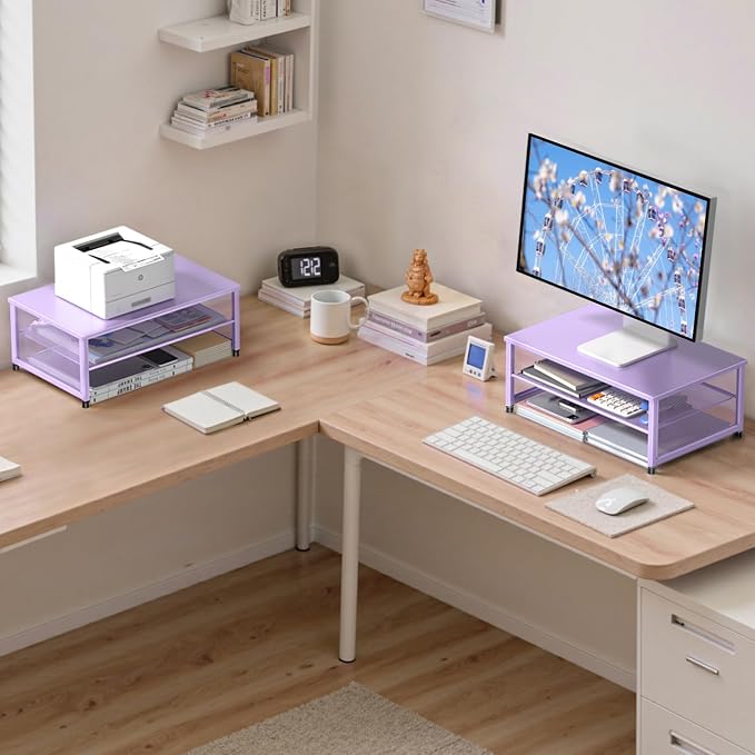 ECOLOVI 2-Tier Computer Monitor Stand Riser, Desk Organizer for Monitor, Printer & Laptop Stand, Desktop Workspace Organizers for Office Supplies(Purple) - Image 3