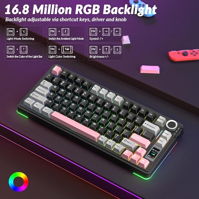 AULA S75 PRO Wireless Mechanical Keyboard with Screen&Knob, 75% Hot Swappable Gaming Keyboard with Pre-lubed Switches, RGB Backlit, PBT Keycaps Creamy Sounding Pc Gaming Keyboards - Image 7