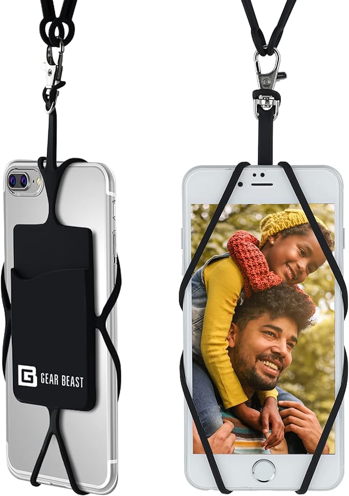 Gear Beast Cell Phone Lanyard - Universal Neck Phone Holder w/Card Pocket and Silicone Neck Strap (Black) by GearBeast