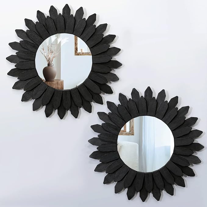 Honiway Boho Wall Decor Mirrors for Wall 2 Pack 12 inch Wood Decorative Mirror for Room Decor Rustic Farmhouse Mirror for Bedroom Bathroom Living Room Kitchen Black by Honiway
