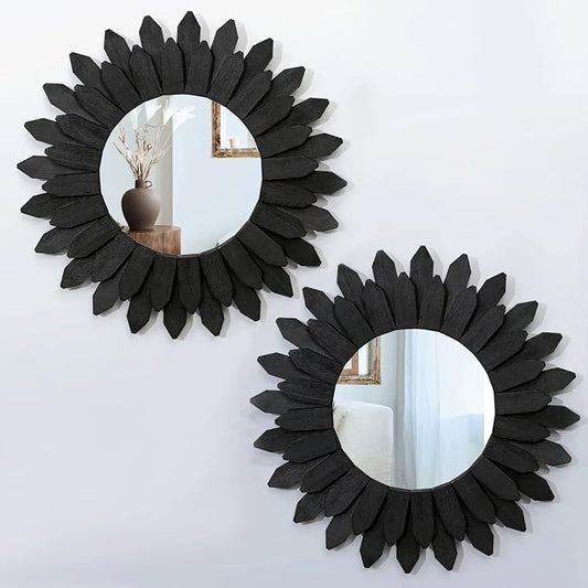 Honiway Boho Wall Decor Mirrors for Wall 2 Pack 12 inch Wood Decorative Mirror for Room Decor Rustic Farmhouse Mirror for Bedroom Bathroom Living Room Kitchen Black by Honiway