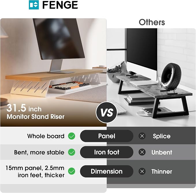 Fenge Monitor Stand Riser, 31.5 Inch Desk Top Shelf for 2 Monitors, Computer Stands for Desk, Wood & Steel Desktop Riser for Laptop, PC, Printer - Image 3