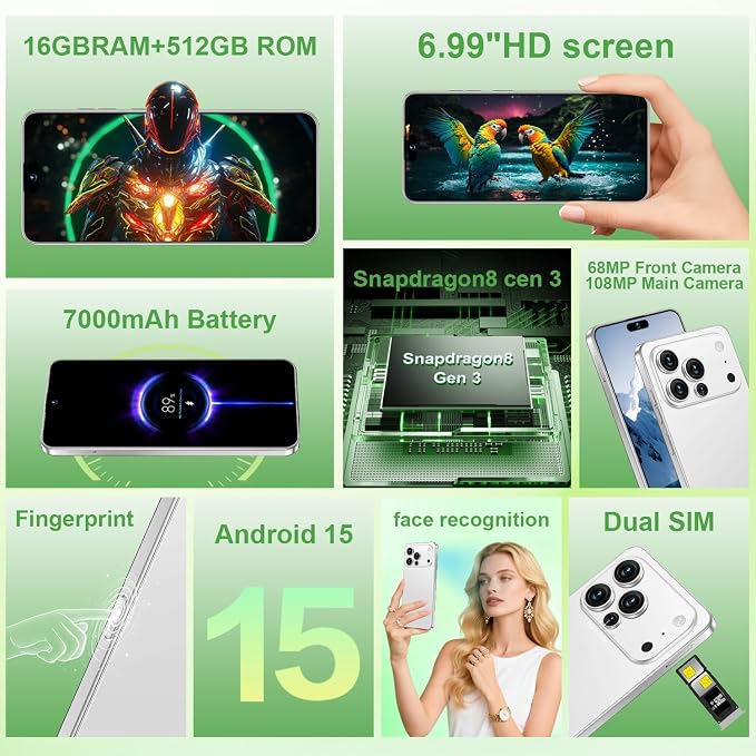 17 PMAX Unlocked Cell Phone,16GB+512GB Smartphone,6.99" HD Screen Android 15 5G Phones,Battery 7000mAh Android The Phone,Fingerprint Button Unlock/GPS/Face ID/Dual SIM/5G (White) - Image 2