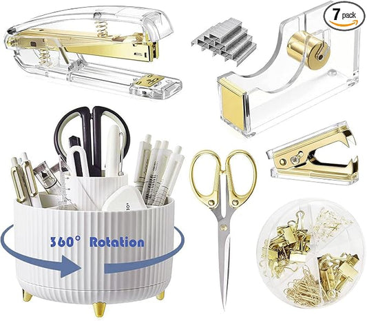 Gawsey Gold Desk Organizers and Accessories with Desk Organizer 360° Rotating Pen Holder and Office Supplies, Cute Stationery Supplies Set by Gawsey
