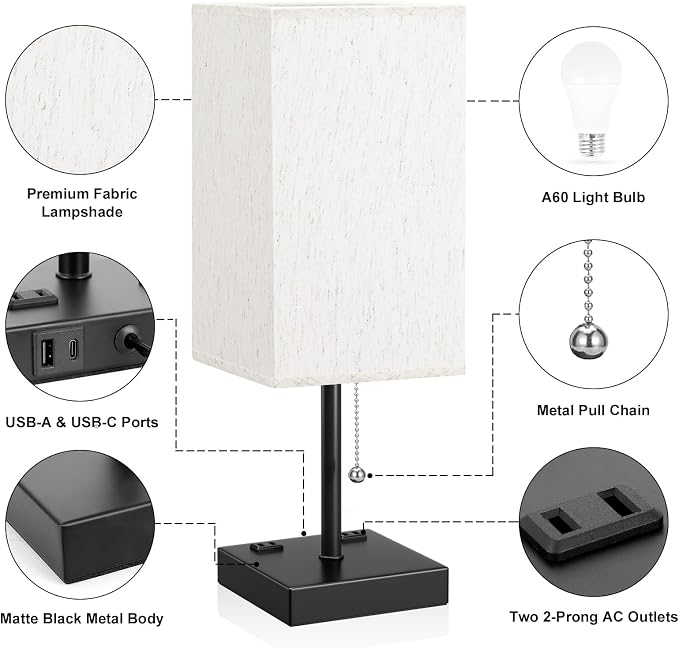 Bedside Lamp for Bedroom - 3 Color Temperatures, USB A+C, 2 AC Outlets | Pull Chain Switch, LED Bulb Included, Cream Fabric Shade, 17.4" Table Lamp for Nightstand, Desk, Living Room, Office - Image 4