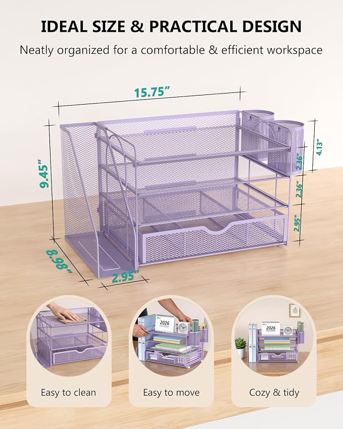 WALI Desk File Organizer, 4 Tier Desktop Paper Letter Tray Organizer with Drawer and 2 Pen Holders, Office Desk Accessories & Workspace Organizers for Office, Home Supplies(DO005DH-V), 1 Pack, Purple - Image 8