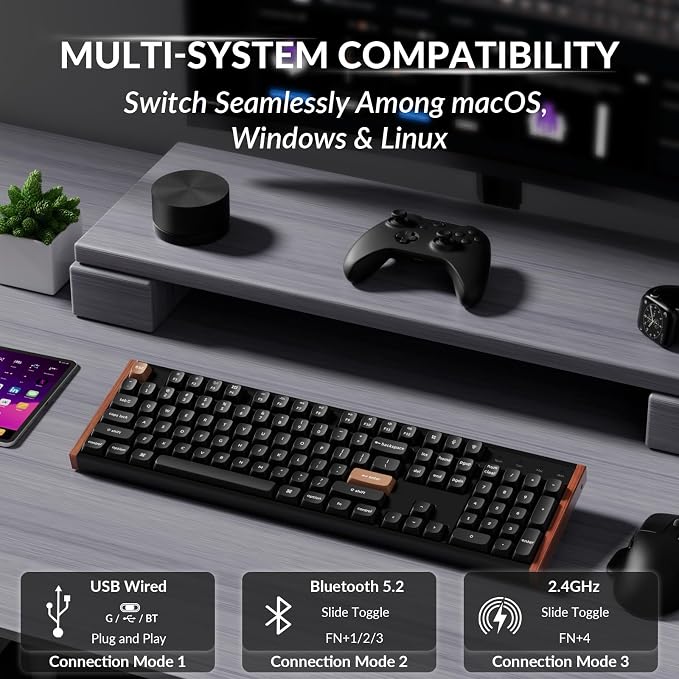 Keychron K10 HE Hall Effect Keyboard Wireless, Magnetic Switch Hot Swappable, Adjustable Actuation Rapid Trigger Mode with Aluminum + Wood Frame, Full-Size Custom RGB for Mac Windows Linux - Black - Image 2