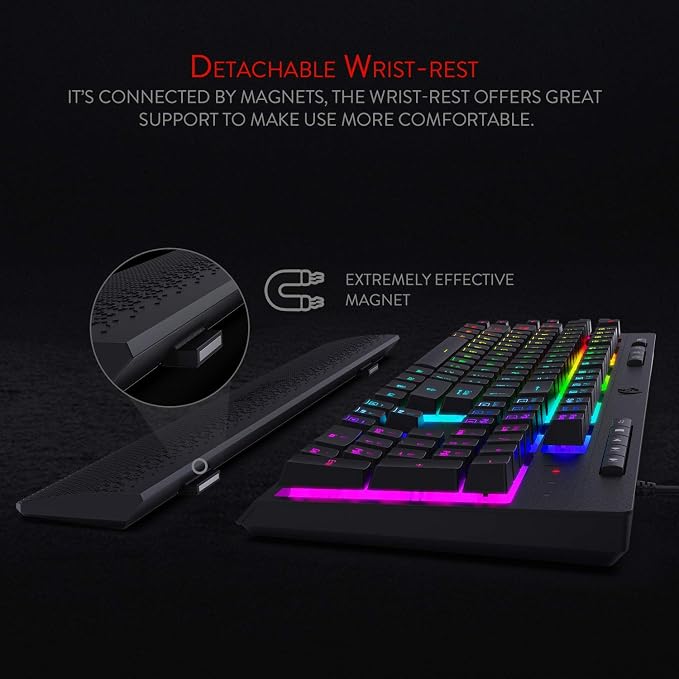 Redragon K512 RGB Membrane Gaming Keyboard, 6 Macro Keys & Easy Media Wheel | Dedicated Scroll Controls, No Software Needed 6 On-the-Fly Combos for Extensive Games, 13 Backlight Modes, Wrist Support - Image 4