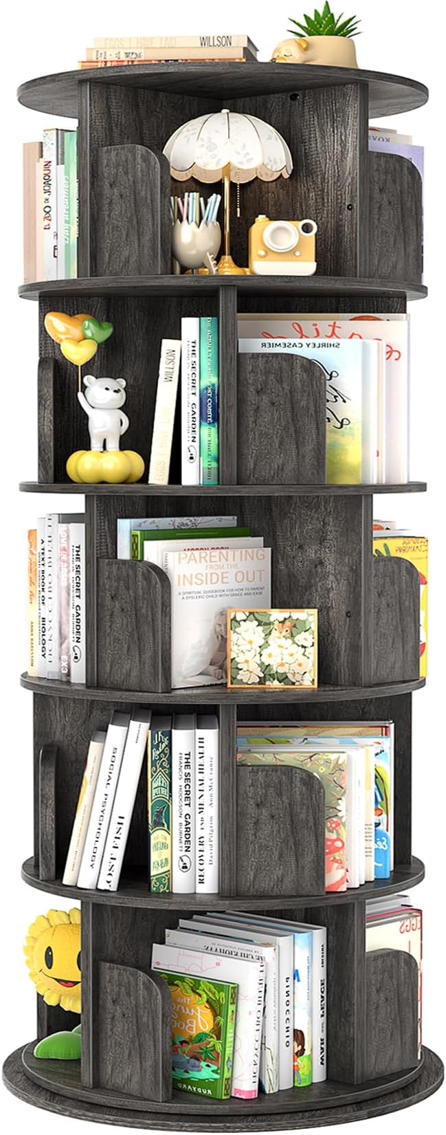 Aheaplus Rotating Bookshelf, 360 Display Wood Spinning Bookshelf Tower, 5 Tier Floor Standing Bookcase Storage Rack, Revolving Bookcase Corner Bookshelf for Small Space, Bedroom, Study Room,Black Oak by Aheaplus