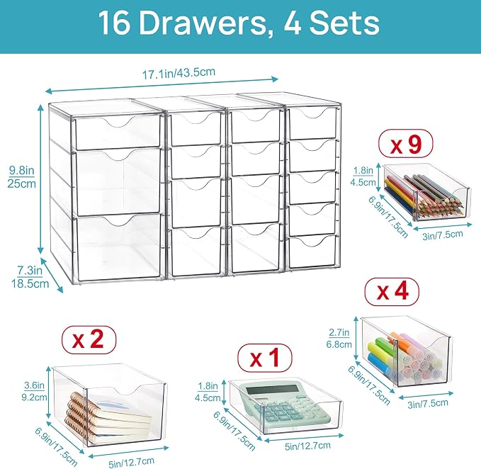 Vtopmart 4 Set Acrylic Desk Organizer with 16 Drawers for Office, Makeup | Clear Storage Drawers for Office Supplies, Desktop Organization for Makeup, Jewelry, Art Crafts, Bead, Pen, Stationary - Image 2