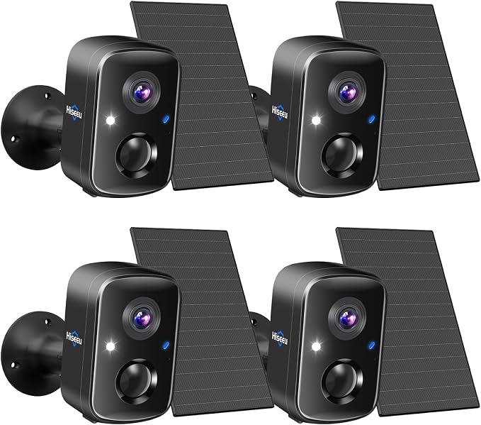 Hiseeu Security Cameras Wireless Outdoor, 4pcs Solar Powered 3K 4MP Surveillance WiFi Cameras for Home Security Outside, PIR/AI Motion Detection, Waterproof, Color Night Vision, 2-Way Audio, Black by Hiseeu