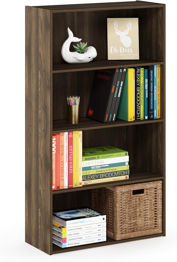 Furinno PASIR Book Shelf, 4-Tier Bookshelf, Bookcase with Open Shelf, 9.4 x 23.6 x 41.7, for Living Room, Bedroom, Home Office, Columbia Walnut by Furinno-FitsYourSpaceFitsYourBudget