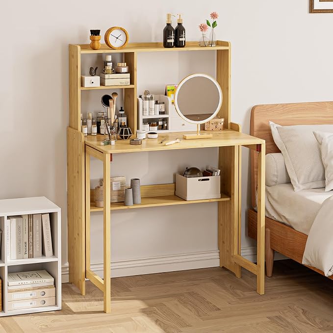 Folding Desk for Small Spaces, Bamboo Foldable Desk with Bookshelf, Natural | Small Computer Desk with Storage, Mid Century, Fold Out，Compact Size, for Bedroom, Living Room, Apartment, Home Office - Image 7
