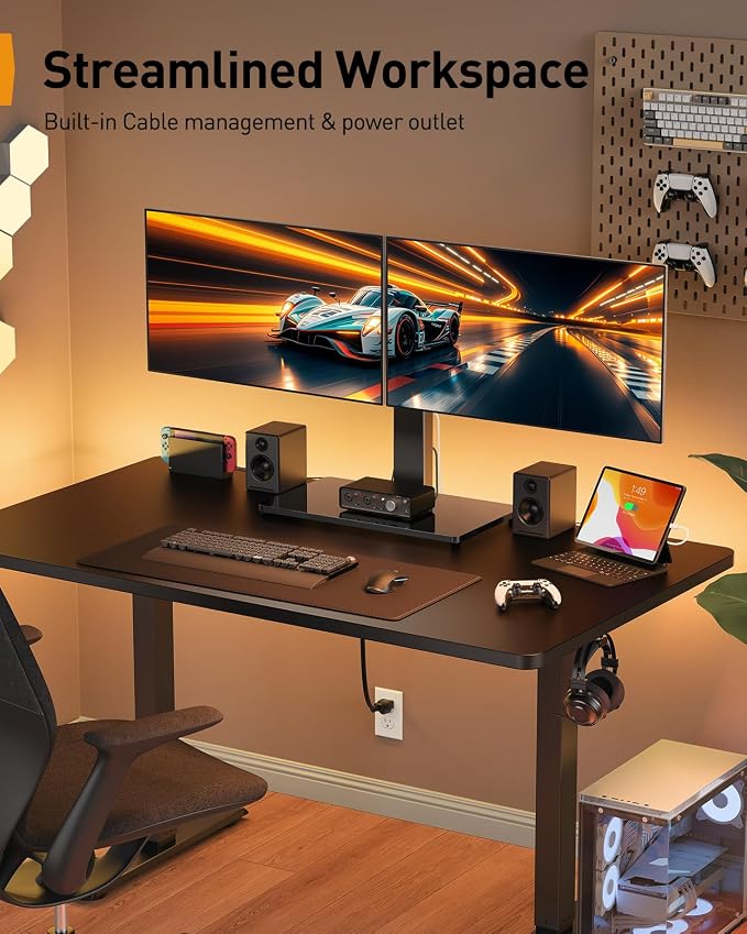 Perlegear Dual Monitor Stand with Power Strip, Freestanding Computer Monitor Stand for 2 Screens up to 32 Inch, Monitor Stand Riser with Glass Base and Adjustable Arms, Holds 22 lbs per Arm, PGTVS41B - Image 7