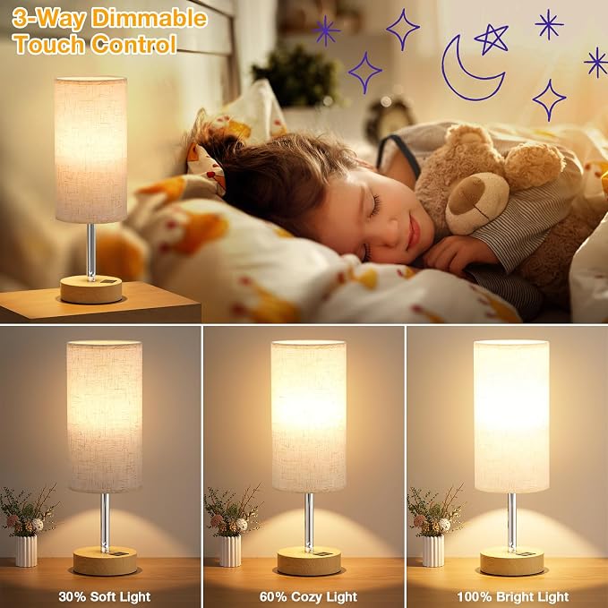 Dicoool Bedside Table Lamp for Bedroom - 3-Way Dimmable Touch Lamp, USB A+C | LED Bulb Included, 14" Small Nightstand Lamp for Desk, Living Room, Guest Room, Cream Fabric Lampshade, Wood-Grain Metal Base - Image 3