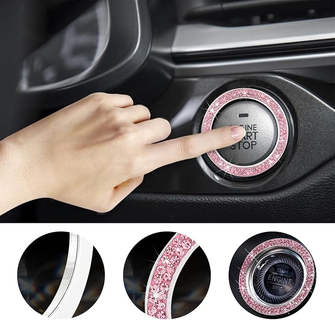 Kewucn 2 PCS Bling Crystal Double Rhinestone Car Engine Start Decoration Ring, Sparkling Push Start Button Sticker, Key Ignition & Knob Ring Decoration, Bling Car Interior Accessory(Pink) - Image 4