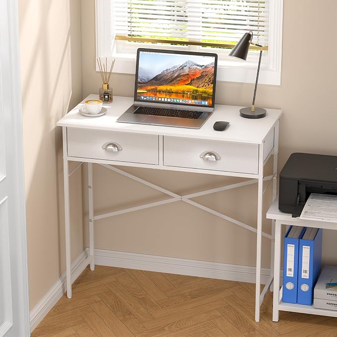 DAOUTIME Small Writing Desk for Kids Bedroom, 31.5 Inch Small Computer Desk for Small Spaces, Simple Desk with 2 Fabric Drawers for Home Office, Dorm, Living Room, Home Study Table, White by DAOUTIME