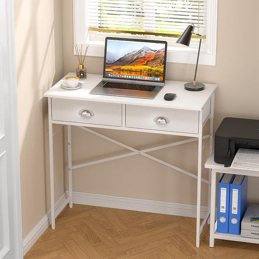DAOUTIME Small Writing Desk for Kids Bedroom, 31.5 Inch Small Computer Desk for Small Spaces, Simple Desk with 2 Fabric Drawers for Home Office, Dorm, Living Room, Home Study Table, White by DAOUTIME