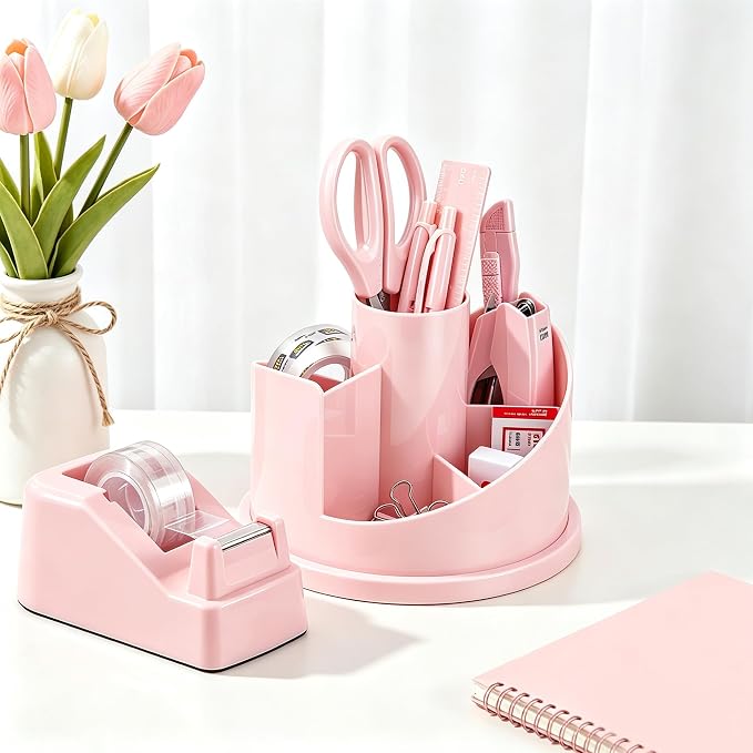 deli Office Supplies Set, Desk Accessory Organizer Kit, Pink | Stationary Set, Desk Supplies with Rotating Multi-Functional Pen Holder &Stapler Set for Office, School, Home - Image 2