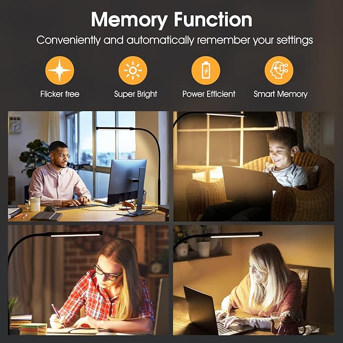 Voncerus LED Desk Lamp with Clamp, Clip on Lights for Home Office, Black | 3 Modes 10 Brightness, Long Flexible Goose-Neck, Eye-Caring, Memory Function, Energy Efficient, USB Adapter, Metal - Image 6