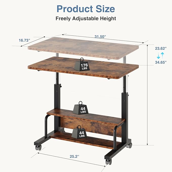 DUMOS Rolling Desk, Storage Shelves, Laptop Table, Home Office | Height Adjustable Design, Computer Desks on Wheels, Portable for Small Spaces Use, White - Image 3