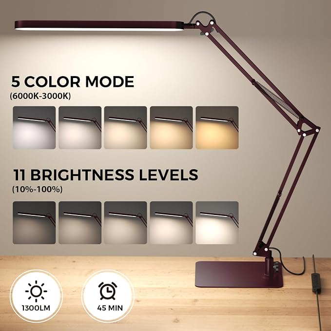 SKYLEO LED Desk Lamp with Slim Base - Adjustable Swing Arm Desk Light, Dimmable, Timer, Eye Protection, Memory Function, 1300LM, 12W, Red - Image 2