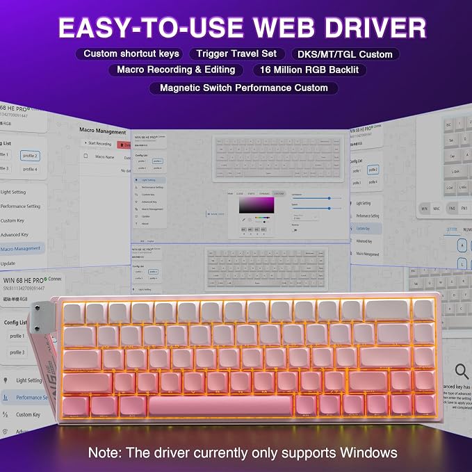 AULA WIN68 HE Mechanical Gaming Keyboard 60%, Hall Effect Magnetic Switch, Fast Trigger Mode Adjustable Actuation, 8000Hz Polling Rate, RGB Backlit, Wired Pink Keyboard for Laptop/PC Gamer - Image 5