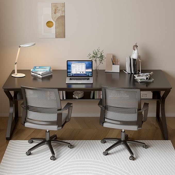 OSCHF 71-Inch Extra Long Desk with Storage Shelf, Black | Double Long Writing Table, Space-saving, 2-Person Workstation, Modern Study Work Computer Desk, For Home Office - Image 6