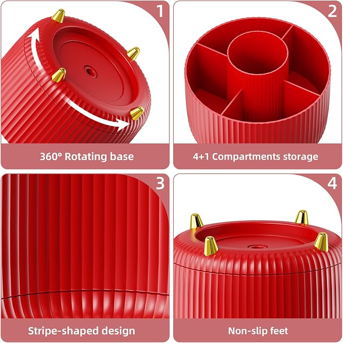 Marbrasse Desk Organizer, 360-Degree Rotating Pen Holder for Desk, Desk Organizers and Accessories with 5 Compartments Pencil Organizer, Art Supply Storage Box Caddy for Office, Home (Red) - Image 4