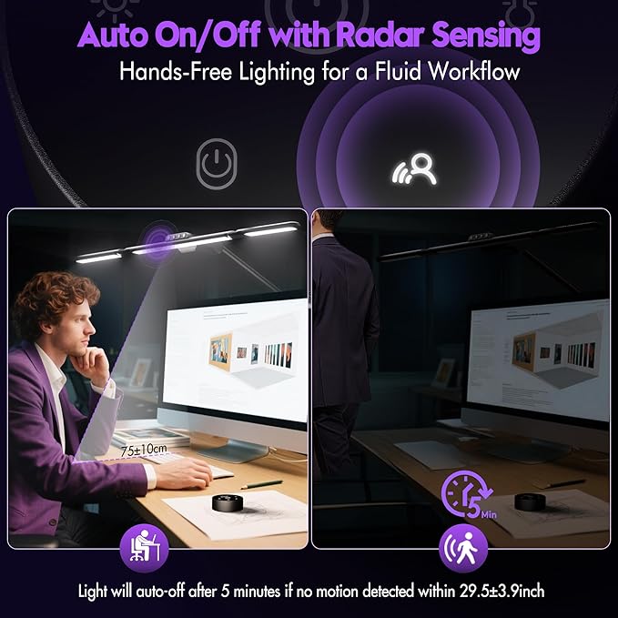 Quntis 32.5" Architect Desk Lamps for Office Home Dorm - Eye Care 3 Light Bar 1100LM Bright, Ambient Backlight, Radar Sensor, Remote Control, 2H Timer, Workbench Drafting Reading Video Conference Task - Image 3