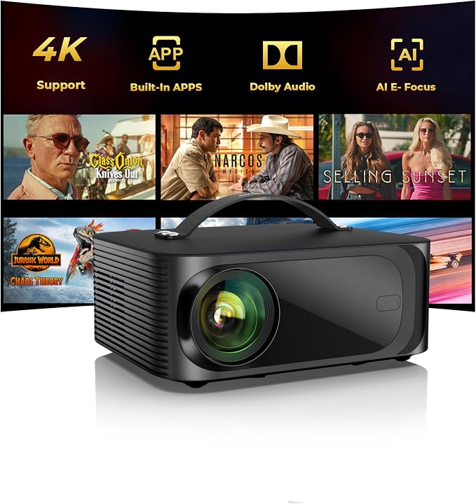 Outdoor-Projector-4K with WiFi and Bluetooth: [3000 Brightness/50W DoIby/Built-in APPs] Portable-Projector Smart OS 2.0&AI Auto Focus, ONOAYO Movie Proyector Compatible with Netflix/YouTube/PrimeVideo by ONOAYO