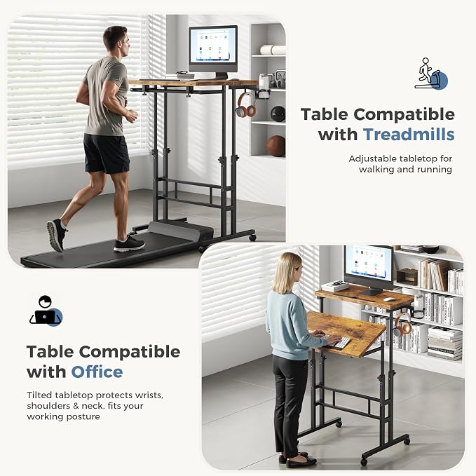 DUMOS Rolling Standing Desk, Sit Stand Desk, Computer Cart | 23.6 Inch Width, Height Adjustable, Split Top, Mobile Laptop Workstation, Office Table, Portable Design, Rustic Brown - Image 5