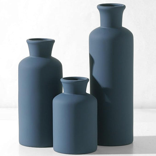 Ceramic Vase Set of 3, Neutral Modern Vases Home Decor Boho Vase Farmhouse Decor Flowers Pampas Vases for Table Mantel Entryway Shelf Living Room Kitchen Bathroom - Navy Blue by ooit