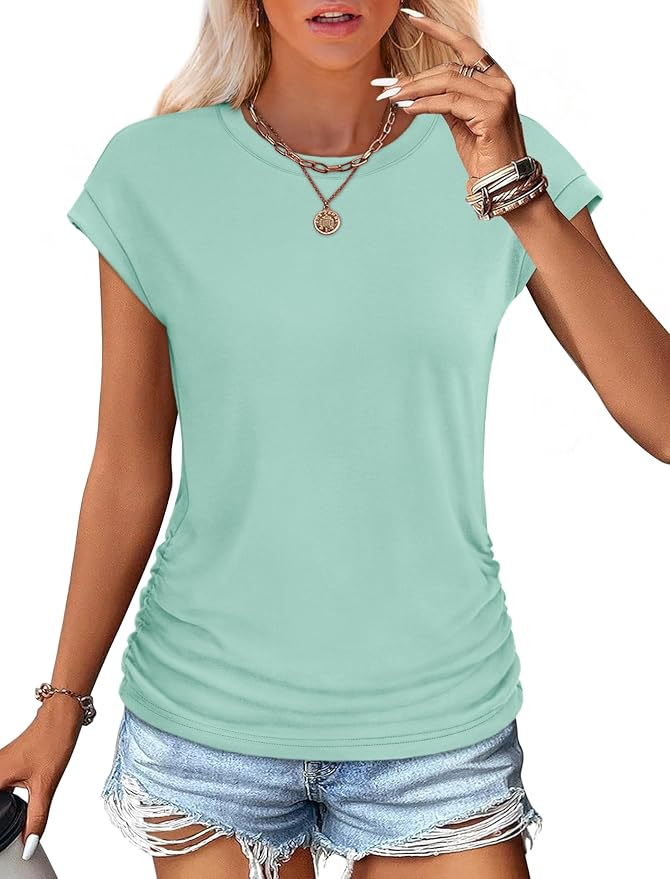 Sampeel Womens Summer Tops Trendy 2026 Ruched Cap Short Sleeve Tshirts Shirts Crew Neck T Shirts Fashion - Image 2