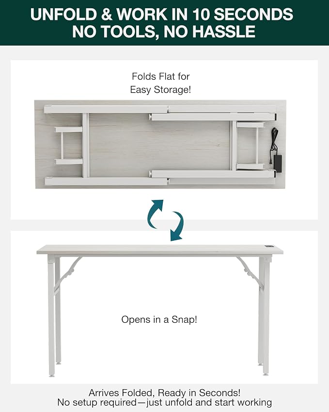 Frylr Small Folding Computer Desk – 55.1 Inch Portable Table for Craft and Study, Lightweight Desk for Small Spaces, Foldable Laptop Table Built-in AC/USB Outlets for Convenience, White Ash - Image 3
