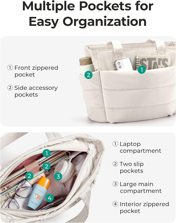 BAGSMART Tote Bag for Women, Lightweight Puffy Tote Bag with Compartments Shoulder Bag Handbag for Travel, Work, Gym | Lightweight - Image 3