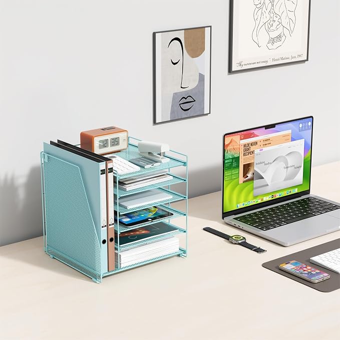 gianotter 6-Tier Paper Organizer With Magazine Holder | Desk Organizers and Accessories, File Organizer for Office Supplies Storag (Blue, 6-Tier) - Image 4
