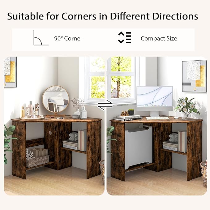 Tangkula Corner Desk, 90 Degrees Triangle Computer Desk for Small Space, Bedroom Makeup Vanity Desk with Storage Shelves & CPU Stand, Space Saving - Image 6