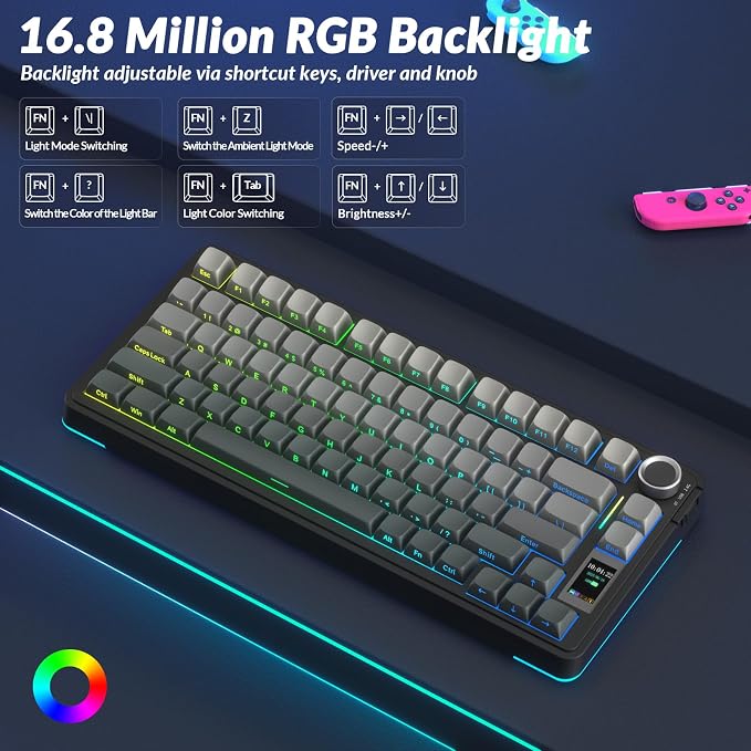 AULA S75 PRO Wireless Mechanical Keyboard with Screen&Knob, Tri-Mode Hot Swappable Gaming Keyboard 75%, Pre-lubed Switches, RGB Backlit, Side Printed PBT Keycaps, Creamy Sounding Computer Keyboards - Image 6