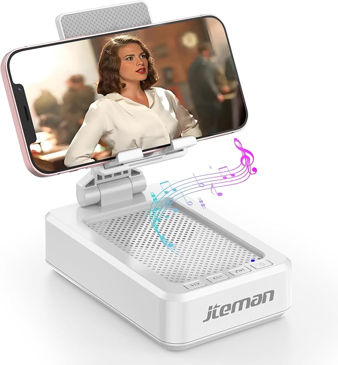 JTEMAN Portable Phone Stand with Speaker Bluetooth Wireless,Gifts for Men Women,Birthday for Women,Kitchen Gadgets for Men,Phone Holder for Desk - White by jteman
