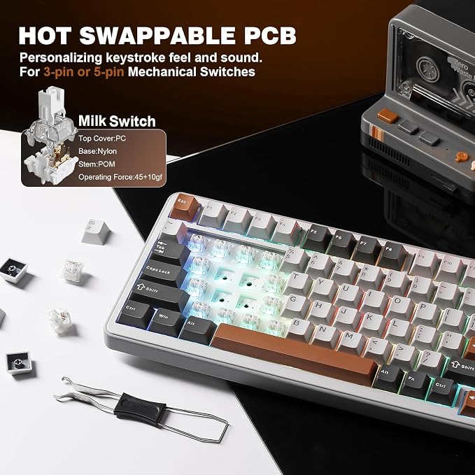 YUNZII B75 PRO 75% Wireless Mechanical Keyboard (Grey,Milk Switch) | Hot Swap Keyboard with Knob, Gasket Mount, Creamy Pre-lubed Switch for Smooth Typing, BT/USB-C/2.4G, for Gaming - Image 5