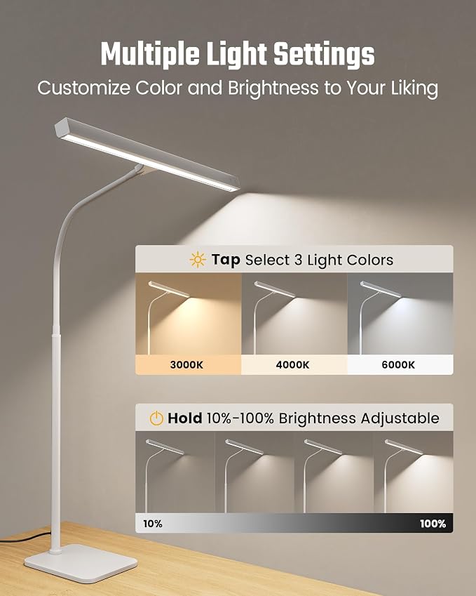 SUPERDANNY LED Desk Lamp for Home Office, Eye-Caring Desk Light with Base, 12W Touch Control 3 Colors Dimmable Brightness, Gooseneck Architect Lamp for Computer Monitor Reading Workbench, White - Image 5